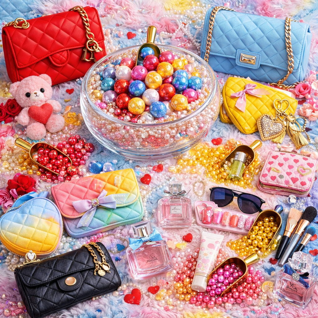 Colorful assortment of accessories including handbags, candies, and beauty products on a patterned background.